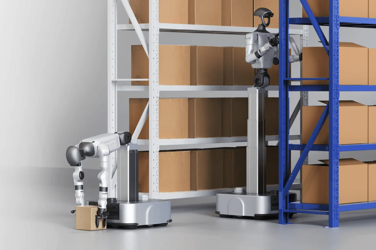 Unitree robots handling logistics and package sorting in a warehouse